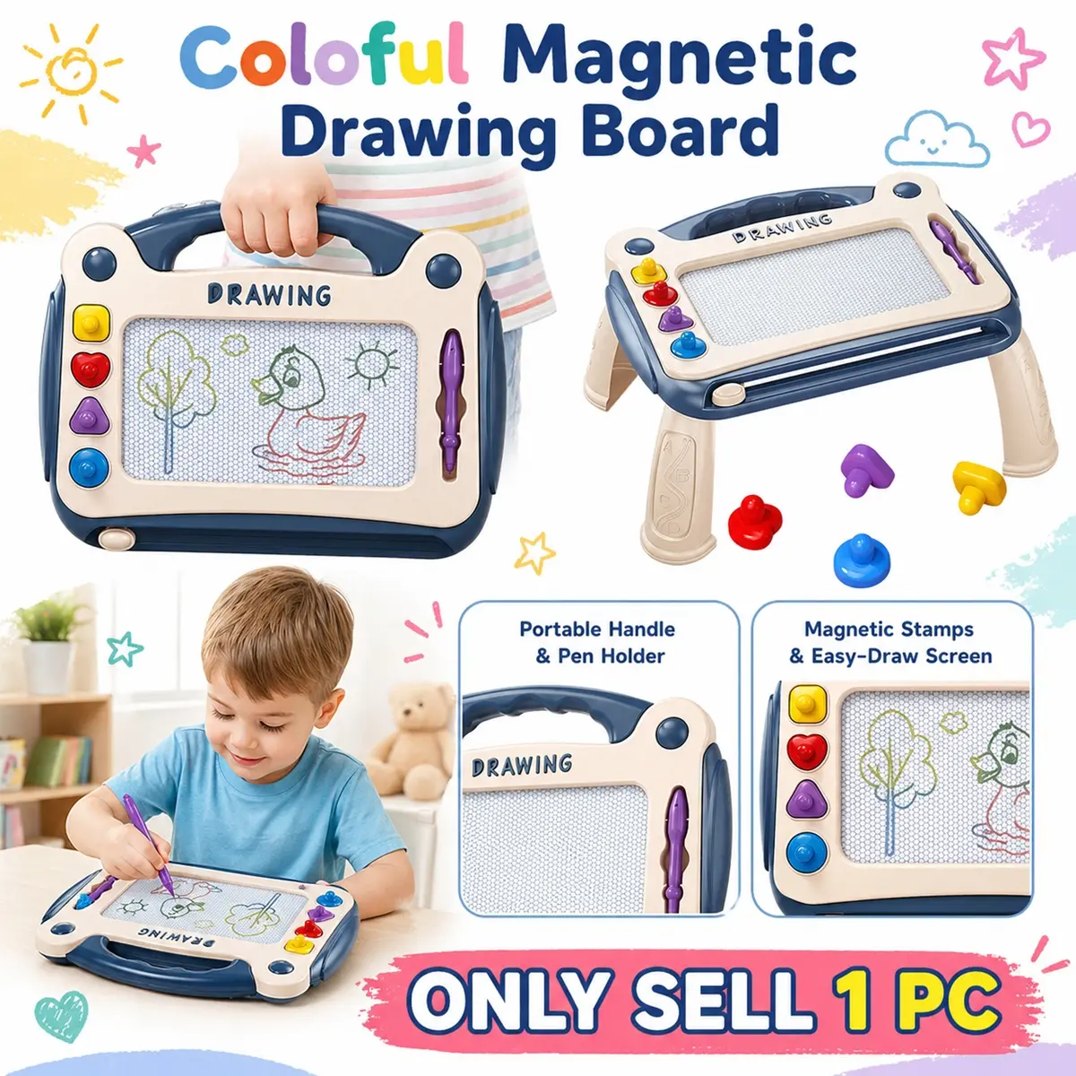 Magnetic Drawing Board with 4 Stamps, Erasable Magnetic Doodle Slate, Reusable Doodle board, durable ABS materials, non-toxic, odorless, Easy Doodling & Erasing, drawing tablet Toddler, Kids easel, Perfect Birthday Gift For Boys & Girls Gift!