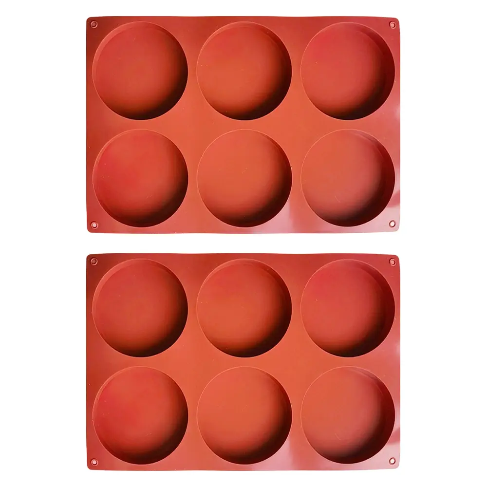 Reusable Thick Round Silicone Baking Trays (2-Pack, 6-Cavities, Large Size) - Sturdy, Heat-Resistant Molds for English Egg Pancakes, Hamburger Bread, Dishwasher Safe with Cup Coasters Disc Functionality