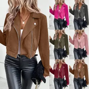 Faux Suede Women Jakcet Zipper Fly Lapel Buttons Motorcycle Jacket Leather Jacket Windproof High Street Biker Jacket Cardigan