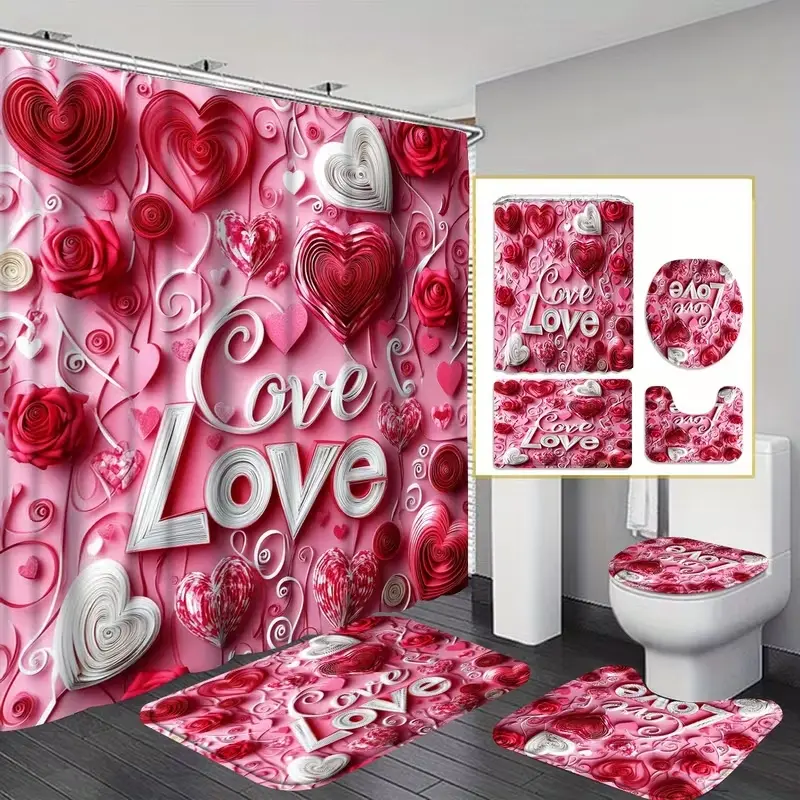 Valentine's Day Theme Paper Roll Heart Pattern Bath Curtain Set, Non-Slip Floor Mat, U-Shaped Rug, Toilet Lid Cover, 12 Hooks Included