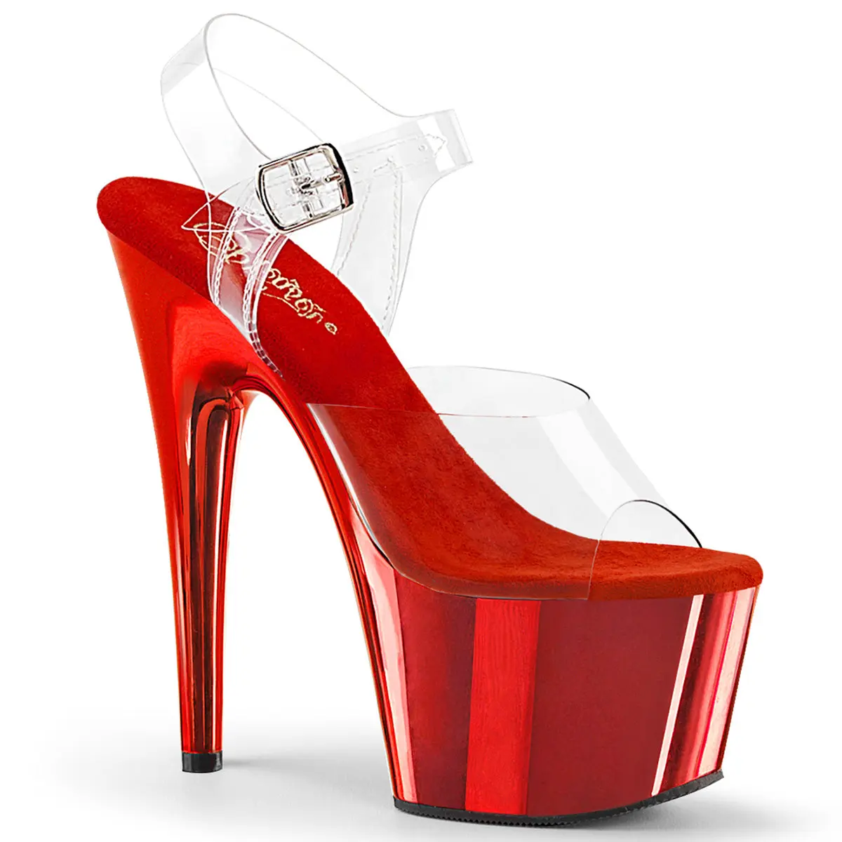 Adore-708 Clear Red Chrome Heeled Women's Footwear with Elegant Design and Stylish Appeal 7" Stiletto Heel 2 3/4" Platform Ankle Strap Sandal Fashion High Heel