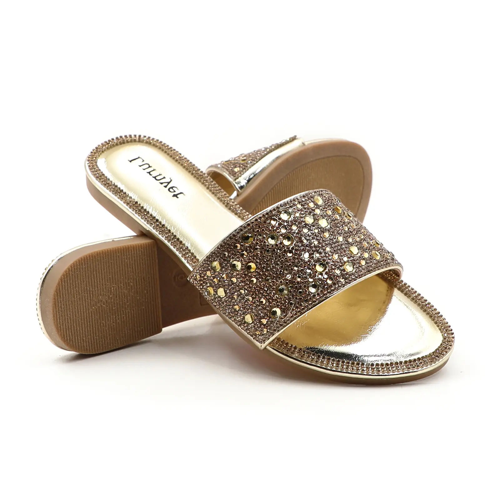 Women's High-Shine Mixed Crystal Rhinestone Flat Slides, Open-Toe Synthetic Slip-On Sports Sandals, Cozy Plush Resistant Footwear for Weddings, Mall Shopping