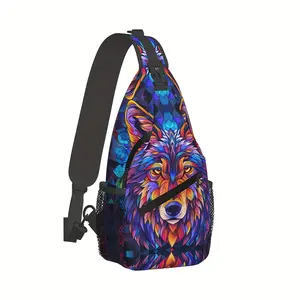 [Made in US] Crossbody Chest Bag Hiking Backpack Stained Glass Style Wolf Shoulder Bag Folding Large Capacity Fashion Durable Can Be Used for Shopping, Work, Leisure Travel Beach Bag Fishing Backpack