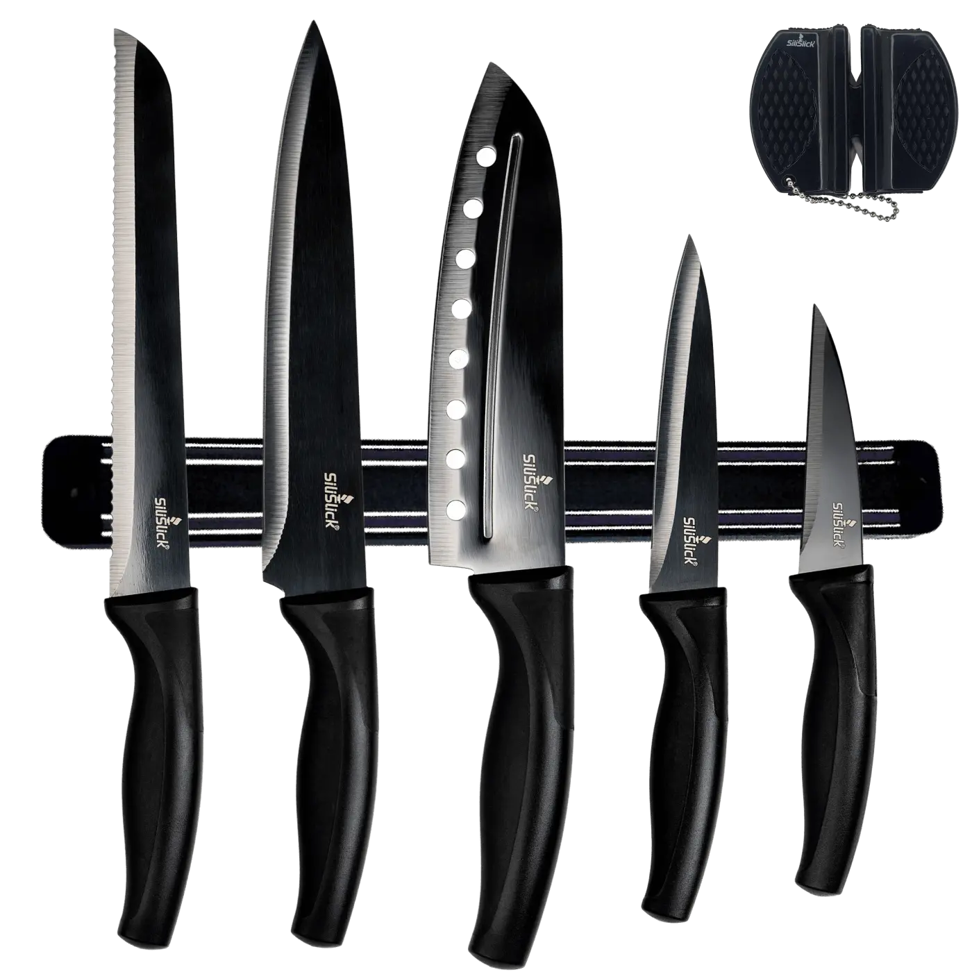 Kitchen Knife Set Kit | Black Magnetic Rack & Sharpener