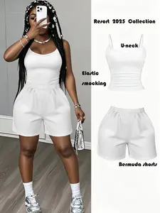 2-Pack, Women's Casual Cami Top Shorts Set, Cami with Elastic Waist Bermuda Shorts Casual Hot Girl Style Suitable for Everyday Wear, Comfortable Sexy Fashionable Chic ECamisole and Hot Pants Set Outfit