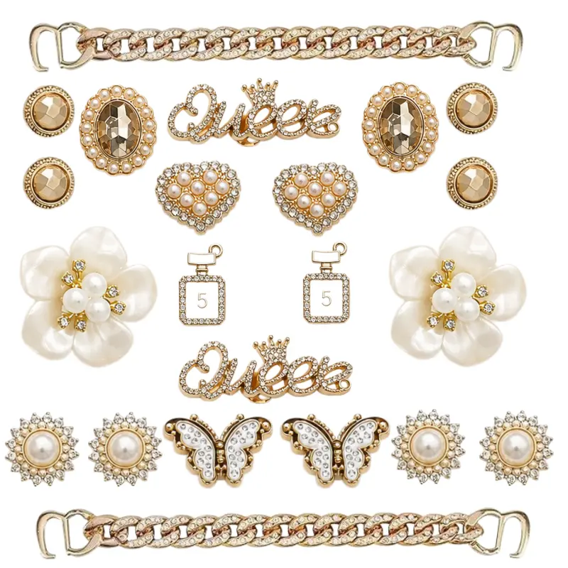 22PCS Gold Shoe Charms for Clogs, Pearl Rhinestone Butterfly Flower Queen Charms with 2 Chains for Women Girls