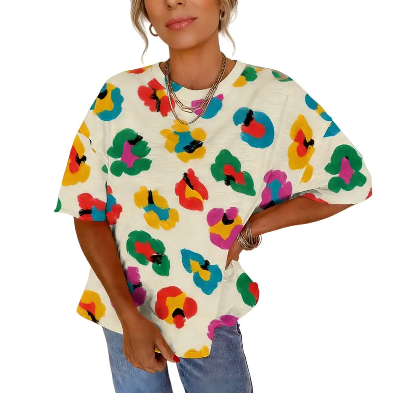 Asvivid Women's Leopard Drop Shoulder Loose Crewneck Shortsleeve Tee Casual Summer Top Tshirt Colorful Womenswear