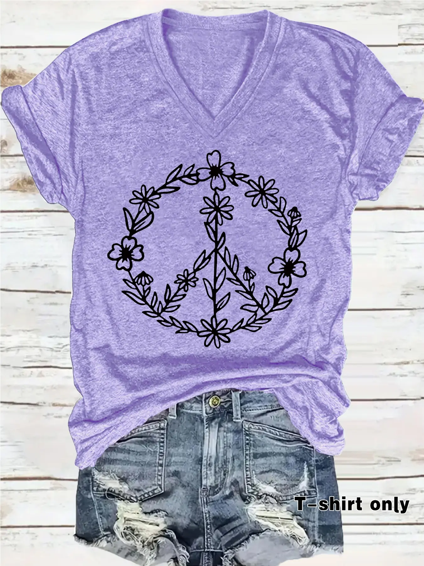 Women's Floral & Peace Symbol Print V Neck Tee, Fashion Casual Streetwear Short Sleeve Fit T-shirt for Everyday Wear, Ladies Summer Clothes, Top, Womenswear