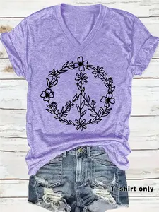 Women's Floral & Peace Symbol Print V Neck Tee, Fashion Casual Streetwear Short Sleeve Fit T-shirt for Daily Wear, Ladies Summer Clothes, Top, Womenswear
