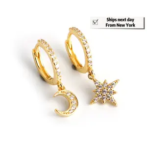 Star and moon Pave Huggie Earrings-1 Pair Gold diamond Dangle earrings -Gold Vermeil over 925 sterling silver- Female-Elegant jewelry