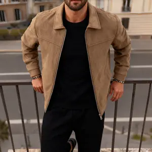Men's Suede-Like Casual Zip-Up Jacket Classic Retro Lapel Coat Single-Button Cuffs Wear-Resistant Fabric for Daily Wear Work Travel & Formal Occasions Spring Autumn