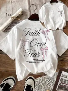 🤍🎀✨ Oversized White "Faith Over Fear" Bow Graphic Tee | Soft Pink Coquette Bow & Elegant Script Print | Clean Girl Gentle Aesthetic for School, Coffee Runs & Daily OOTDs ☕ Viral TikTok Trendy Empowering Girls Fashion | Calm Confident Vibe #FaithOverFear