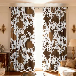 2-piece retro country style cow pattern brown and white contrast stripe print split perforated curtains suitable for machine washable decorative curtains in living room, bedroom, kitchen, outdoor, etc.