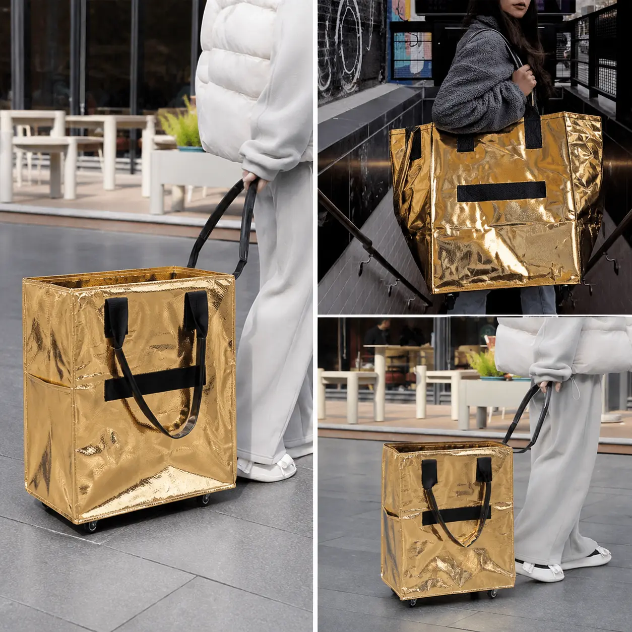 Reusable Rolling Grocery Bag with Wheels - large tote bag, grocery bag storage, Waterproof portable travel storage bag, Folds Flat, Reusable Grocery Shopping Bags