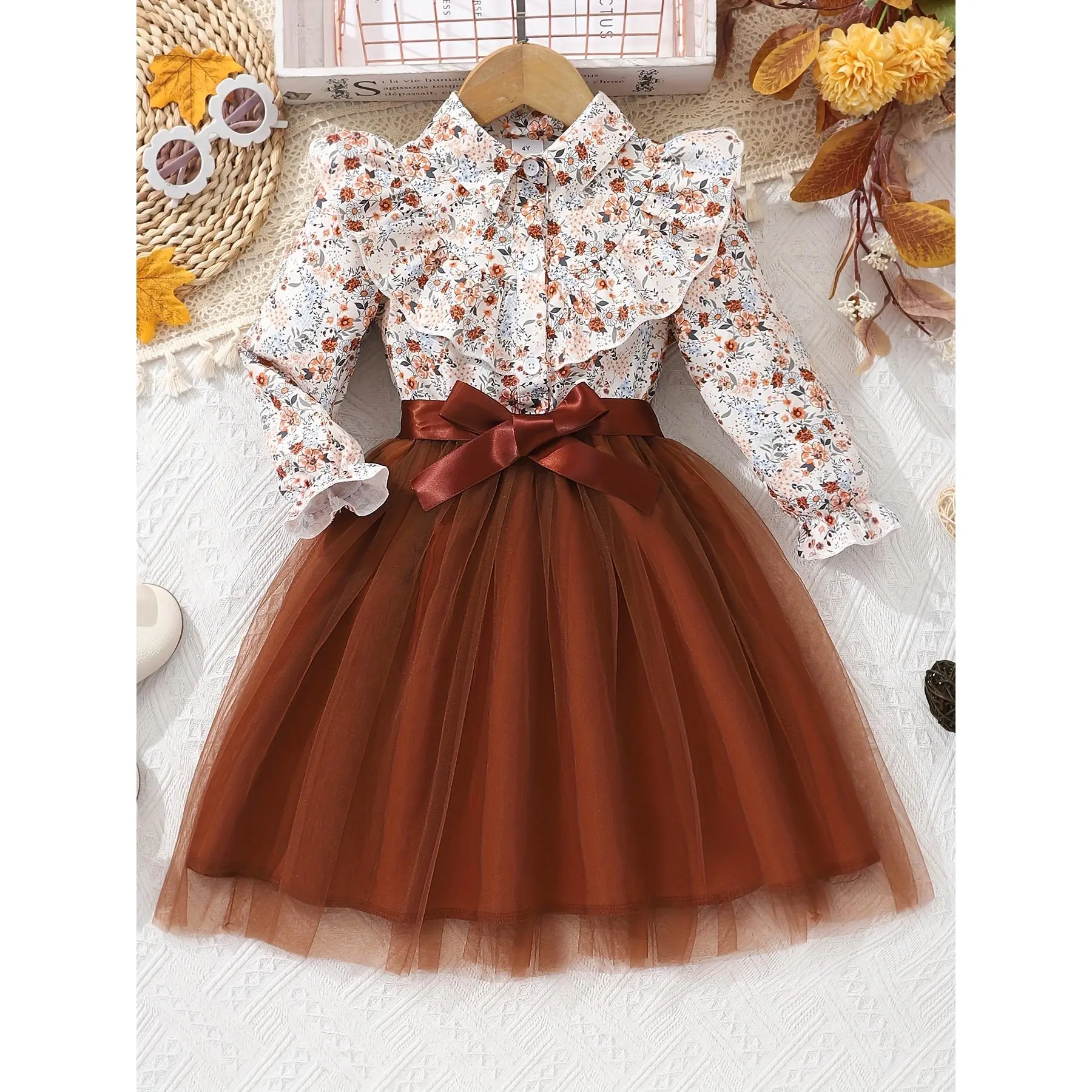 YYW1 Girls' Elegant Floral Print Long Dress - Full Sleeves, Lapel Collar, Mesh Layering, Belted Waist for Autumn/Winter Kids' Fashion, Elegant Look