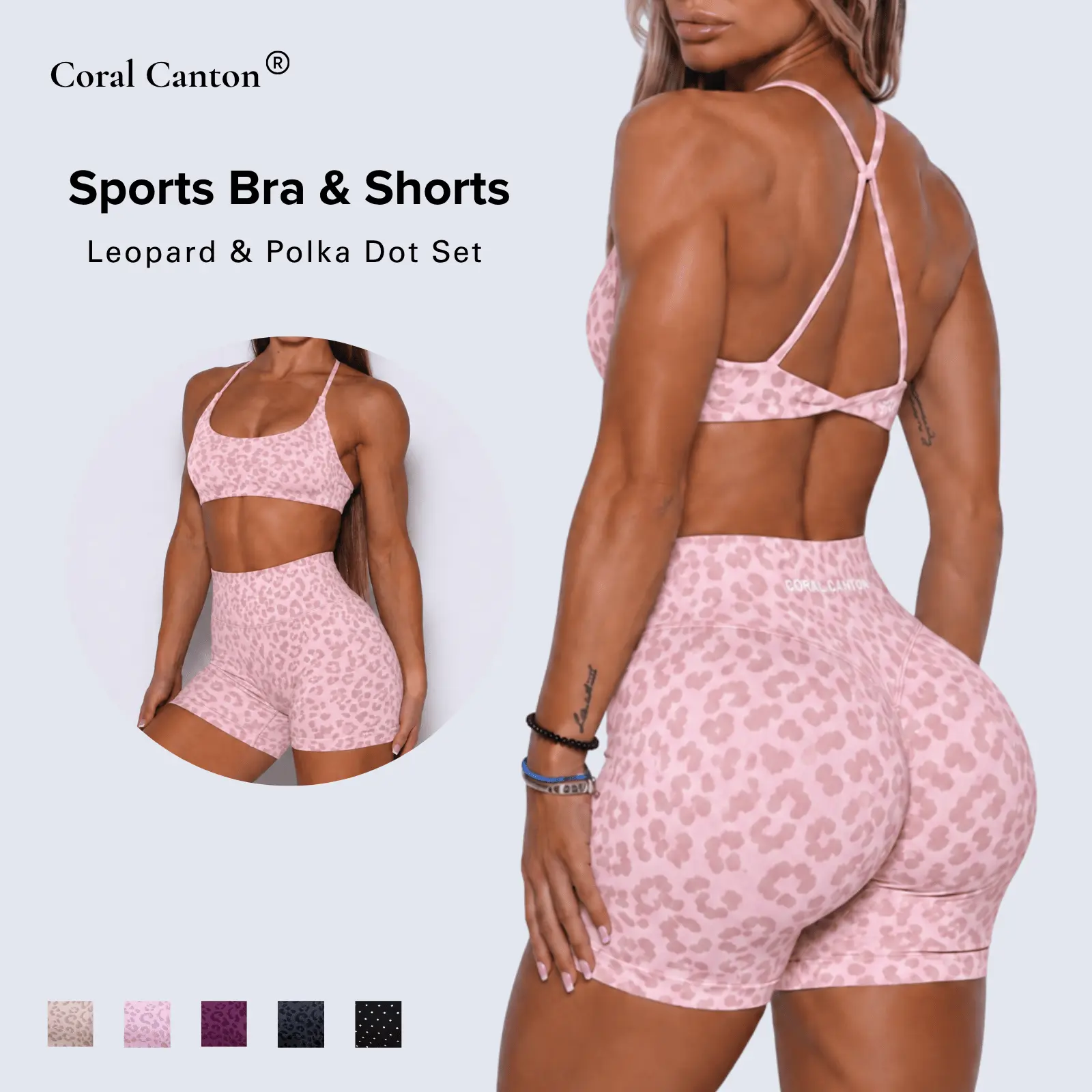 Coral Canton Women’s 2-Piece Gym Workout Apparel Set - Padded Cross-Back Sports Bra for Women & High-Waisted Shorts, Leopard & Polka Dot Matching Set, Ideal for Gym, Yoga