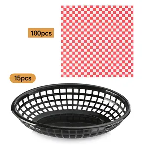 Fast Food Baskets,9.4X5.9 Inch Oval, Set of 15, Black+100pcs Deli Paper Sheets 12x12", Premium Food Basket Liners, Grease Resistant Wax Paper Sheets for Food, Classic Checkered Sandwich Wrapping Paper for Party, Festival and Outdoors