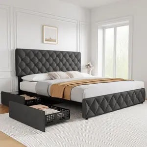 King Bed Frame with Adjustable Headboard, Linen Upholstered Platform with 4 Drawers, Modern Design, Wooden Slats Support, Diamond Stitched, Grey