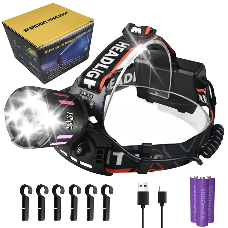 Rechargeable High Lumens LED Headlamp for Camping Users - 40H Runtime, Ultra Long Range Zoomable Beam, 4 Light Modes (Including Strobe), 90° Adjustable, Waterproof, Durable, Eco-Friendly, 4 Hooks, Type-C Charging, Headband, USB Cable for Outdoor Hiking