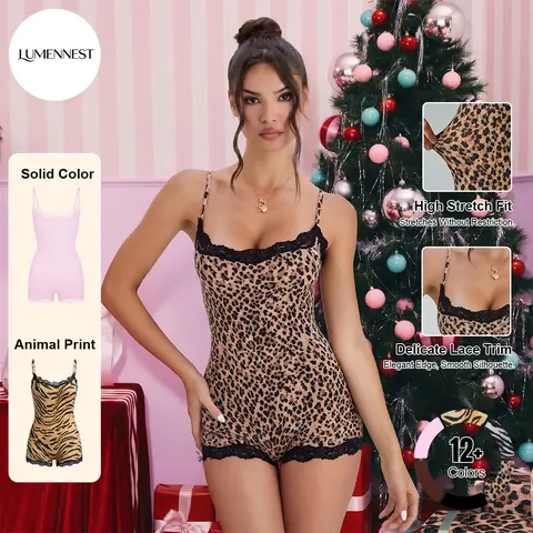 LUMENNEST(US/CN) Women's Abstract Tiger Animal Print Thin-Strap Lace Trim Soft Nylon Shapewear Playsuit - Basic Underwear for Women, Sleeveless Stretch Compression, Breathable Minimalist Curvy-Fit Sport Wear,sohochic