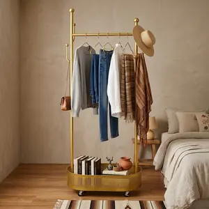 Freestanding Coat Rack on Wheels with Storage Shelf, Metal Clothing Rack for Entryway