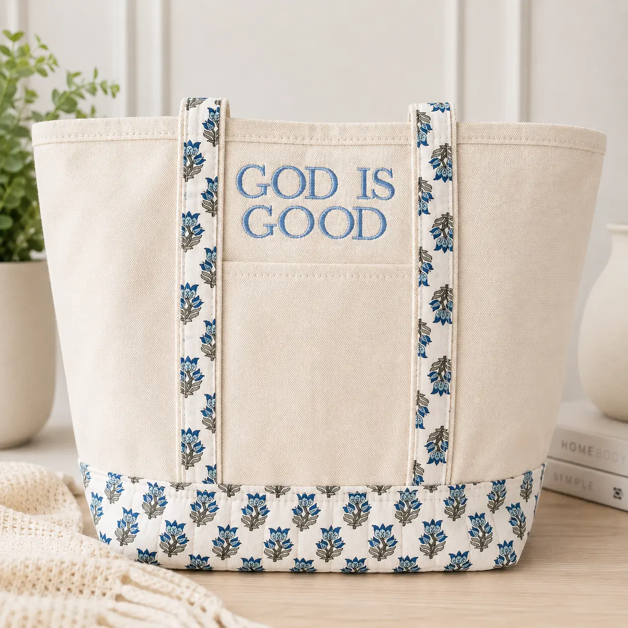Floral "God Is Good" Embroidered Tote Bag
