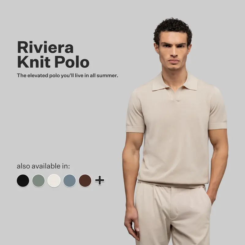 Cuts Riviera Knit Collection Men's Fitted Cotton-Polyester Blend Stretch Casual Polo Shirt - Short-Sleeve, Breathable, Lightweight, V-Neck, Ribbed Hem, Plain - Sand Dune, Black, Pacific, Isle Blue, Urban Chic, Nimbus, Capers