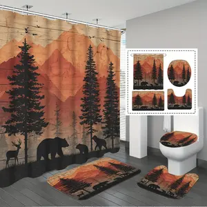 Forest Bear and Deer Silhouette Shower Curtain Set with Hooks, Anti-Slip Bath Mat, U Shape Rug and Oval Toilet Cover, Complete Bathroom Decoration for All Occasions