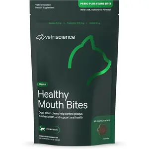VetriScience Perio Plus Cat Teeth Cleaning Bites - Advanced Cat Breath Freshener - Dual Action Cat Dental Care Formula for Plaque Control & Fresh Breath, 60 Chews, Chicken Flavor
