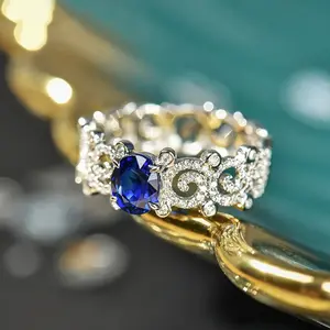 Blue Oval Crystal Ring for Women, Silver Crown Style Rhinestone Ring, Sparkle Statement Fashion Jewelry, Birthday Gift for Her rapper