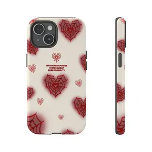 Heroic Heart Spider Web Phone Case – With Great Power Comes Great Responsibility Tough Phone Case, Red Spider Web, Gift for him