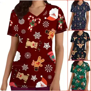 Women's Christmas Nurse Uniform Short Sleeve T-Shirt - Festive Santa Snowflakes Gingerbread Print V-Neck Top Pockets Nurse Gift