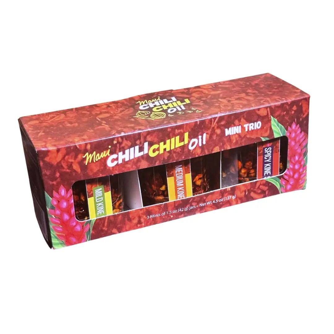 Maui Chili Chili Oil Mini Trio - sampler gift box with Mild, Medium and Spicy chili oil in 1.5oz cute little jars perfect for giveaways or travel