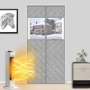Thermal Insulated Door Curtain with Perspective Window, 32" x 80", Upgraded Oxford Filled with Thicken Cotton, Weatherproof Insulation Cover Blanket for Winter/Front/ Doors, Grey
