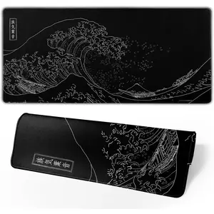 Gaming  Pad Black  Pad Kanagawa Large Mousepad Non-Slip Rubber Base  with Stitched Edges for Gaming Office Home, 31.5x11.8 Inch (Black Wave)