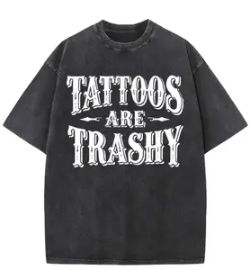 Tattoo Is Trash Vintage Washed High-Quality Cotton Pattern T-Shirt Men's T-Shirt Old Summer Clothing Drooping Shoulder Sleeve Round Neck Top Short Sleeve