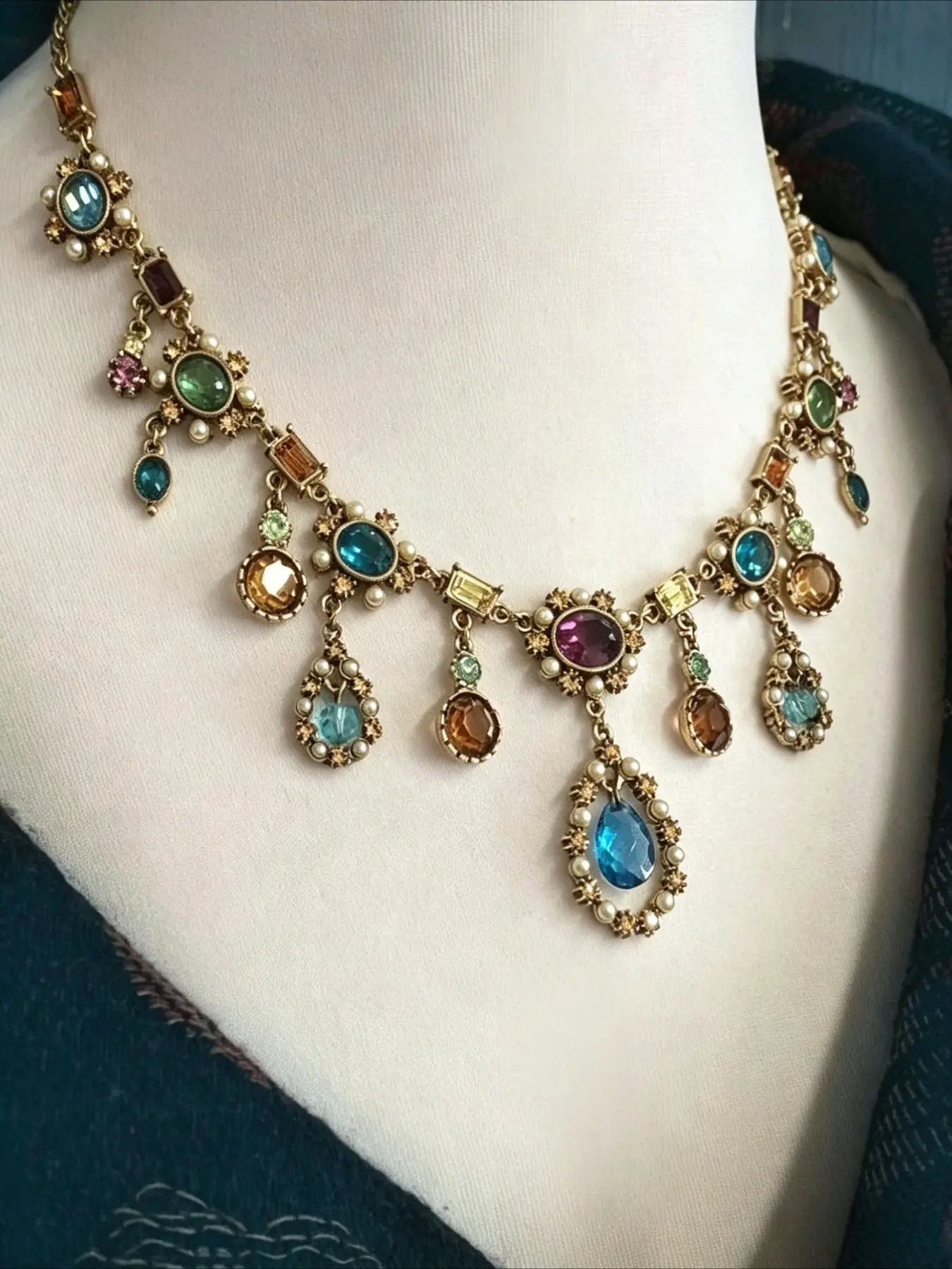 Vintage Multicolor Rainbow Gemstone Fringe Necklace, Women's Festival Wedding Party Jewelry Gift, Birthday Necklace, Elegant Standout Accessory for Special Occasions