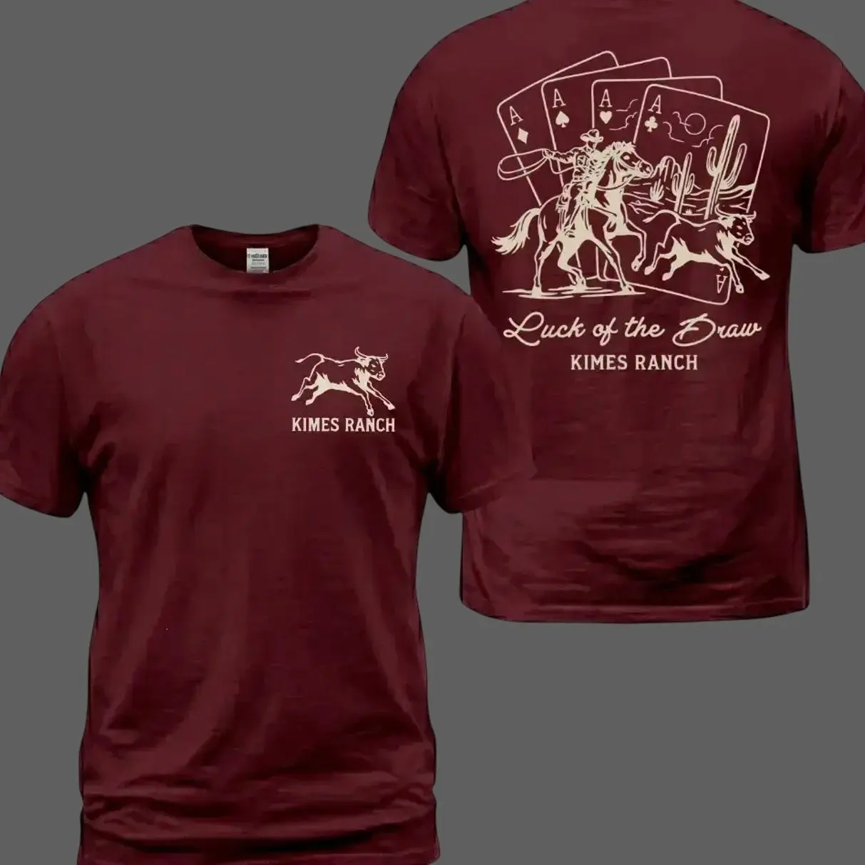 Kimes Ranch Cowboy T-Shirt, Luck Of The Draw Western Back Print Tee, Rodeo Rider And Bull Graphic Shirt, Casino Ranch Style, Casual Cotton for Men and Women - AK