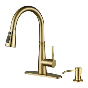 WOWOW Single Handle Pull Down Sprayer Kitchen Faucet with Advanced Spray, Pull Out Spray Wand in Stainless, Brushed Gold