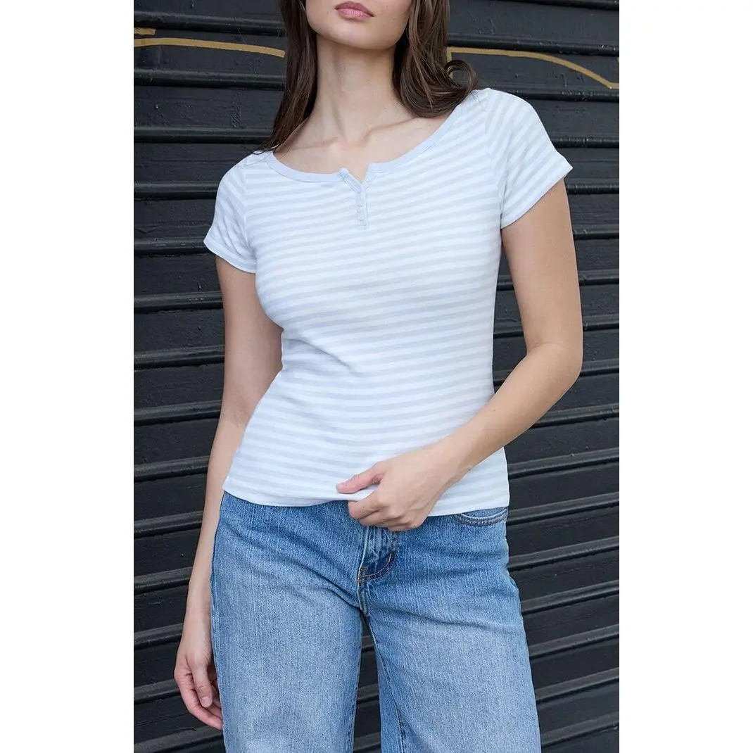 John Galt Women's Light Blue Zelly Striped Short Sleeve Top
