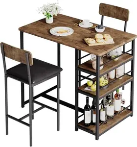 3 Piece Farmhouse Bar Table Set for 2, Space Saving Counter Height Dining Table with Storage Shelves & Upholstered Chairs, Dining Room Furniture for Breakfast Nook Kitchen, Vintage