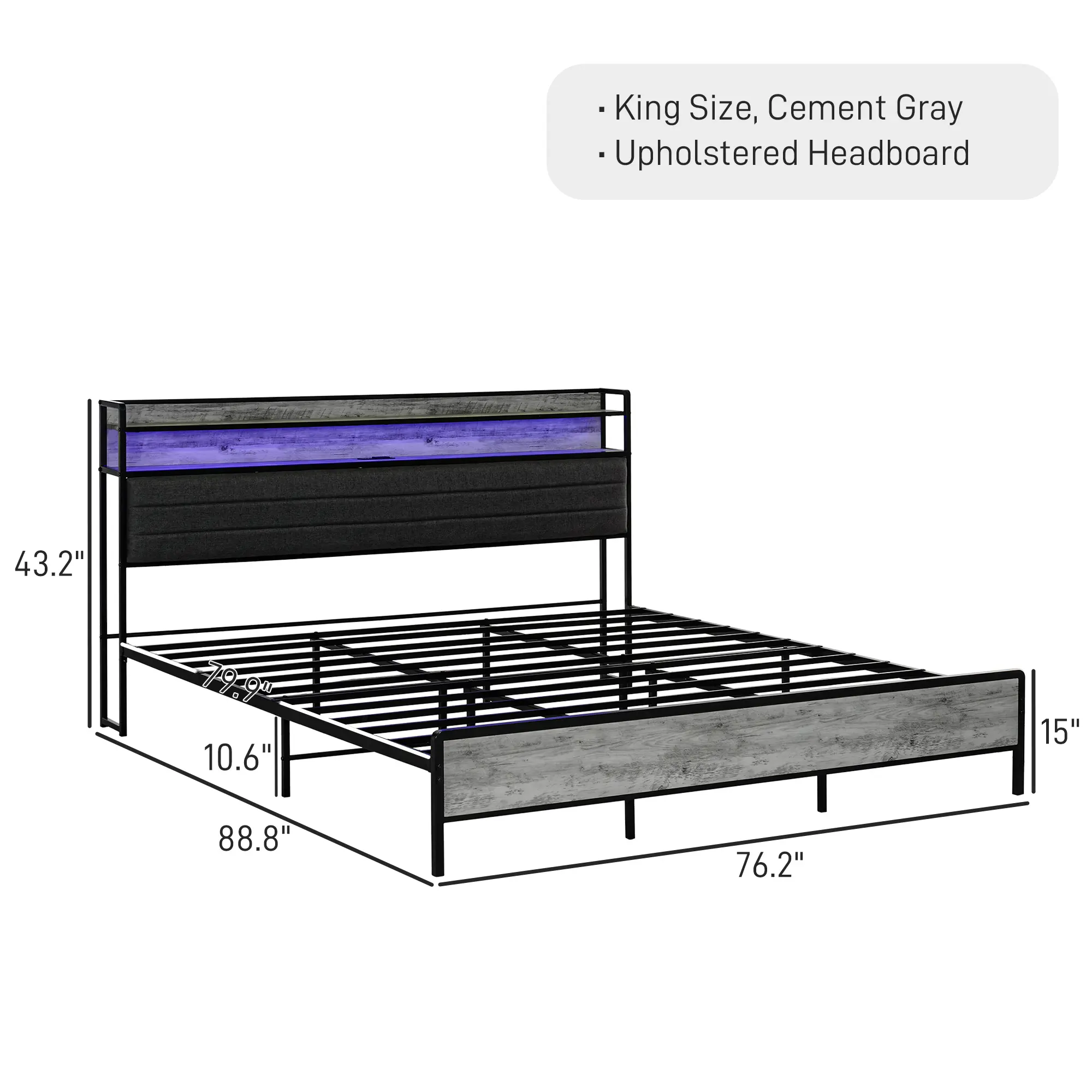 Cement Gray+King Size+Upholstered Headboard