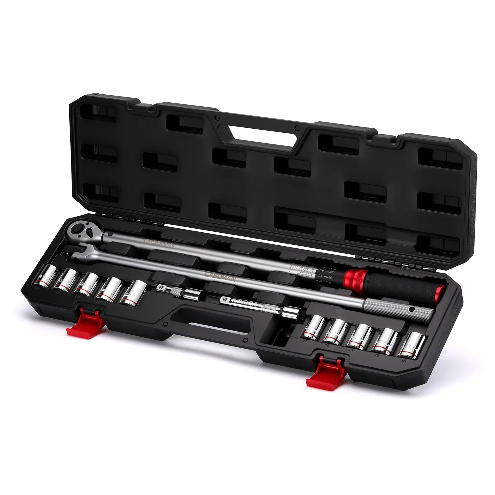 CASOMAN 14-Piece 1/2 Inch Quick Release Ratchet Torque Wrench Set - ±3% Accuracy, 72-Tooth Ratchet, Corrosion Resistant, 10 Socket Set, 180° Swivel Reach, Breaker Bar, Extensions, 22.2-244.2 FT-LB/30-330 Nm, Loud Click, for Automotive Tire Repair