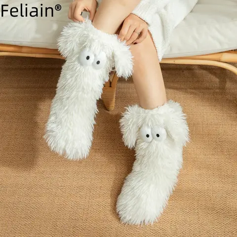 Women's Plush Slippers Socks Floor Socks Winter Home Indoor Thickened Fleece-Lined Anti-Slip Adult Women's Plush Snow Socks Shoe Covers