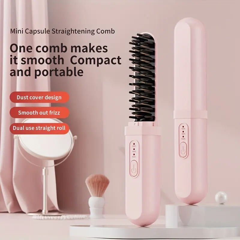 Pink Mini Straightening Comb, Portable USB Rechargeable Hair Styling Tool with Negative Ion Technology, Anti-Scald for Wet & Dry Hair, 2200mAh for Home & Travel, Haircare, Mini Capsule Straightening Comb, Hair Styling Accessories