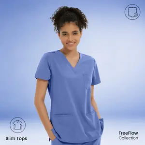 KITMAZ Women’s Solid V-Neck Scrub Top - Slim Fit, Breathable Easy-Care Short-Sleeve Uniforms with 3 Pockets, Side Slit, Workwear Style Clinical Uniforms for Summer Women’s Clothes Vneck