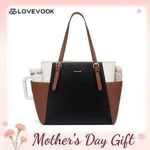 LOVEVOOK Work Tote for Women with Large Cup Holder, Multiple Pockets, Adjustable Shoulder Straps – 15.6-Inch Laptop and Tablet Compartment, Practical Chic Commuter and Travel Briefcase, PU Leather Multiplepockets Cupholder