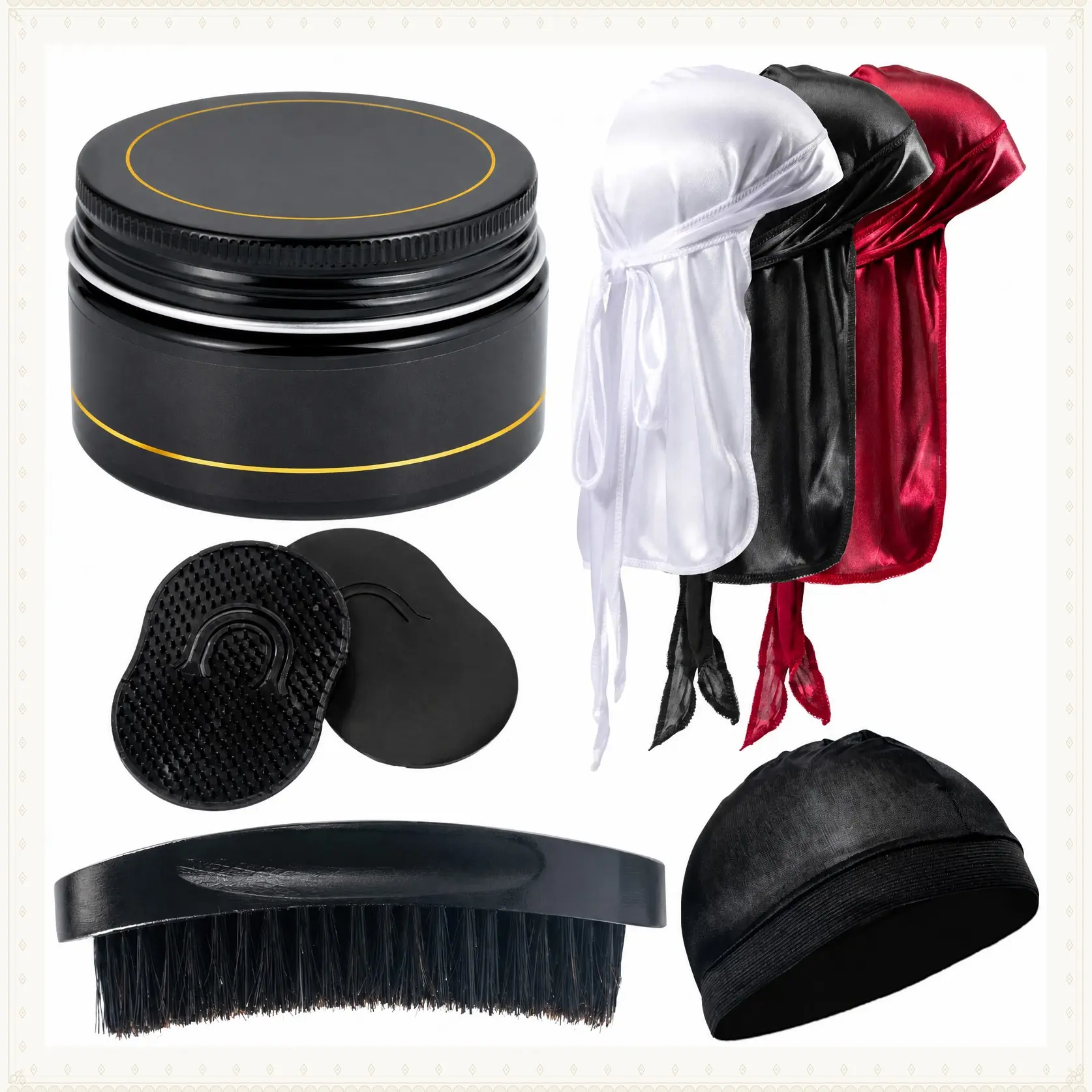 Wave Pomade Hair Care Kit for Men 360 Waves Silky Shine Strong Hold Easy Wash with Curved Brush and Durag Cap Training Set Comfort Synthetic