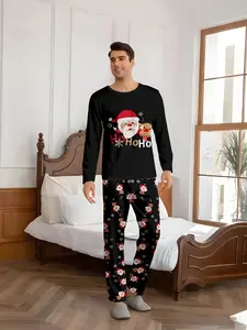 Winter Christmas Celebration Home Long Sleeve Pants Two-piece Set, Soft and Comfortable Crew Neck, Machine Washable, Suitable for Holiday Family Events, Christmas Pajamas, Casual Pajamas, Men's Pajamas, Pajama sets