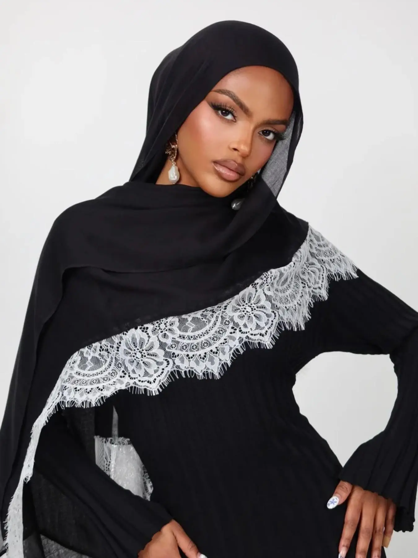Fashion Women's Lace Trim Jersey Hijab, For Muslim, Soft Breathable Fabric, Comfortable Wear, Embroidered Lace Edge, Ideal Ramadan Gift, Head Scarf